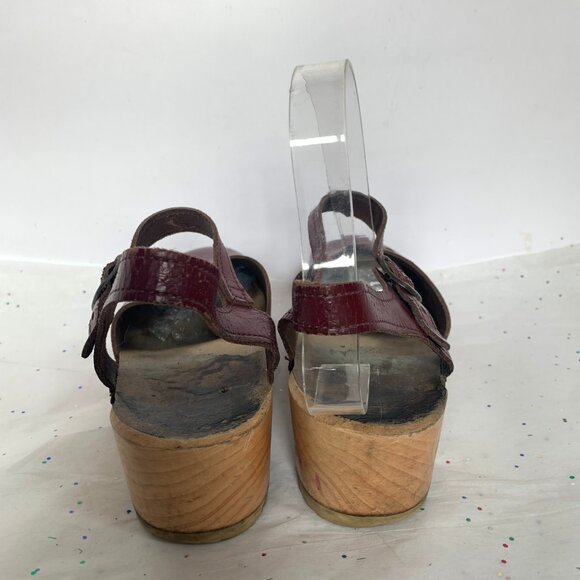 Vollsjo Wine Burgundy Leather Wood Swedish Clogs Mary Jane Ankle Strap - Size 38 - Picture 9 of 13